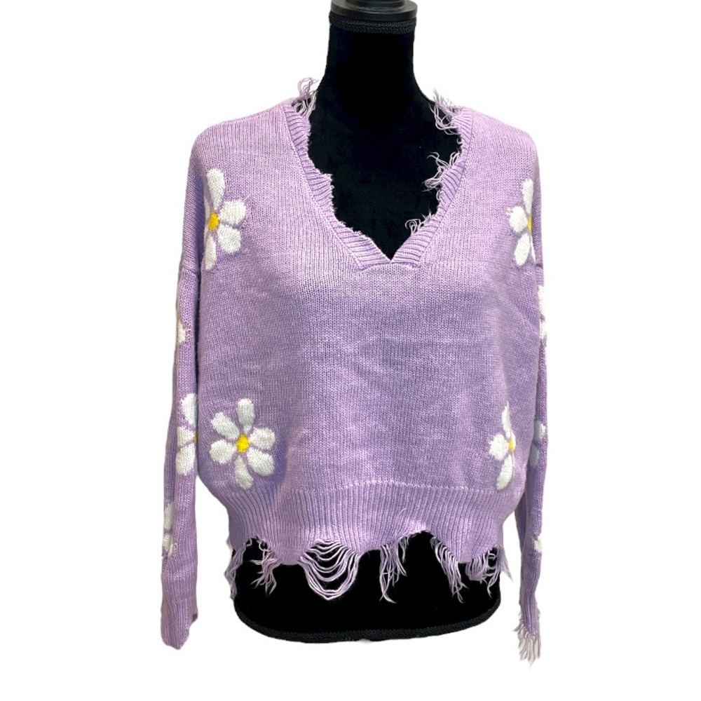 Lilac Distressed Sweater with Floral Design